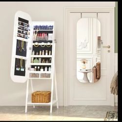 Miuvanity LED Mirror Jewelry Cabinet, Wall/Door Mounted Full Length Mirror with Storage, Lockable Jewelry Armoire with Mirror, Rounded Corner Hanging 