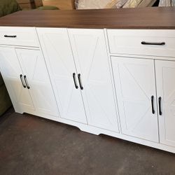 71” Large Sideboard Buffet Cabinet with Storage, Farmhouse Kitchen Buffet Cabinet with Adjustable Shelves and 6 Barn Doors, Wood Coffee Wine Bar Conso