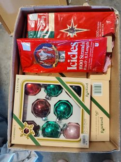 Box of vintage Christmas decorations