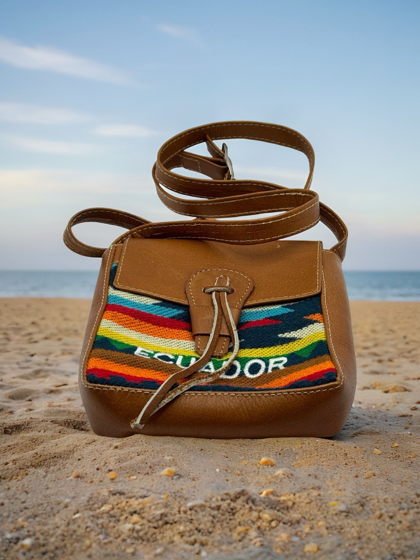 Ecuadorian “Shigra” Handmade Woven Wool & Brown Leather Crossbody Bag Preowned