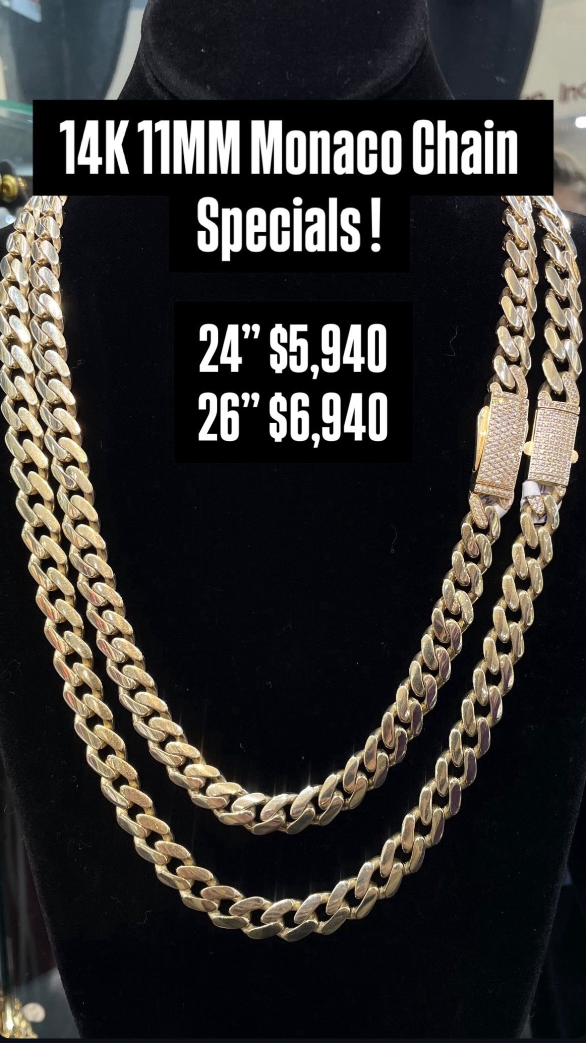 14K 11MM Monaco Chain Yellow Gold 