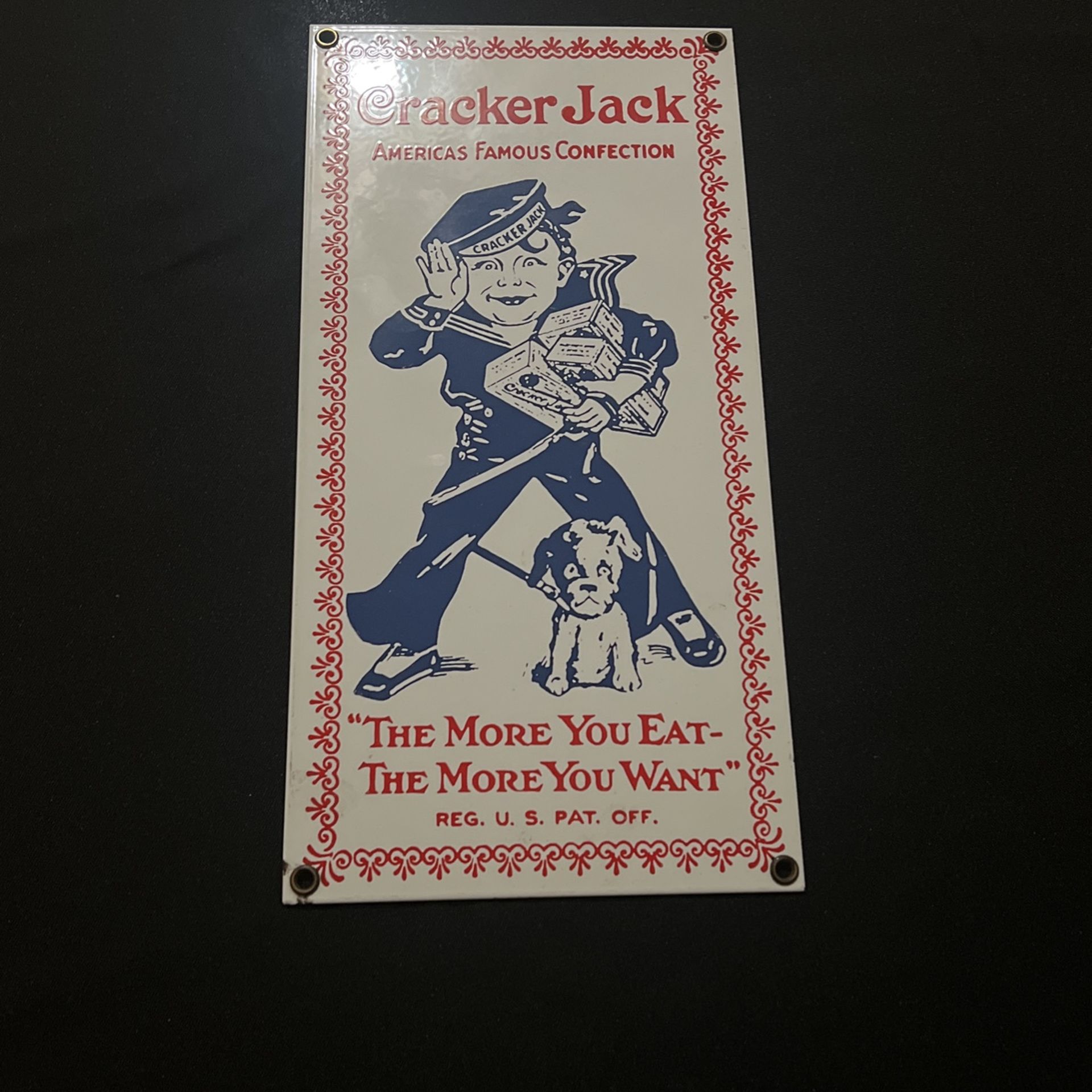 VINTAGE ANDE ROONEY CRACKER JACK ENAMEL PORCELAIN METAL SIGN 12