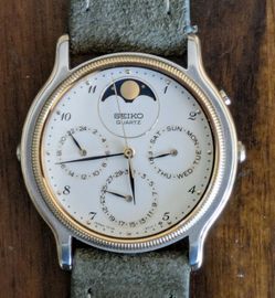Vtg Seiko7F38-6190 Moon Phase Calendar Gold Men's Watch JAPAN