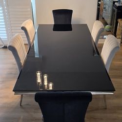 ​Modern Black Glass Dining Table with 6 Velvet & Chrome Chairs
