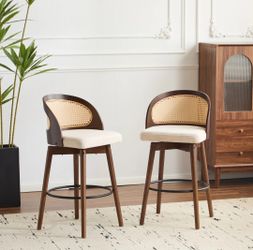 New✅️Christopher Knight Home Modern 26" Upholstered Swivel Barstools, Rattan Backrest, Beige, Set of 2