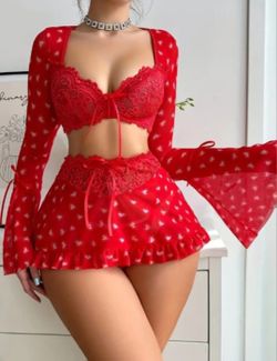 RED BRA, MINI SKIRT, THONG PANTS SET ♥️ SIZE LARGE 