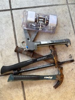 Mixed Hand Tool Lot – Hammers, Caulk Gun, Door Knob