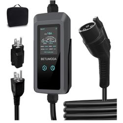 Level 1 &2 EV Charger, 16A, Adjustable Current & Timing Delay, 24.9FT, 110V–240V, NEMA 5-15 & 6-20 Plugs, J1772 Electric Car Charger for All EVs/PHEVs