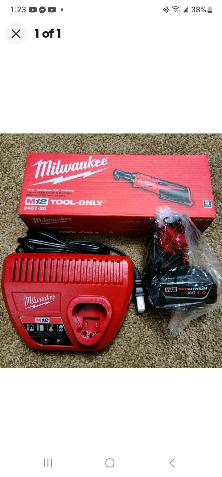 NEW Milwaukee M12 Cordless 3/8" Ratchet, 2457-20 Kit w/ 4.0Ah Battery + Charger, Firm
