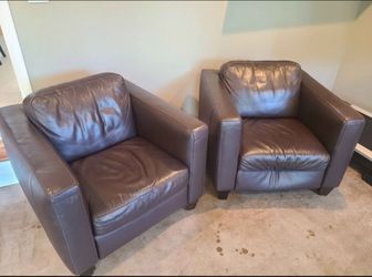 Scandinavian Designs Dark Brown Leather Chairs – $250/$200 or $400 Pair