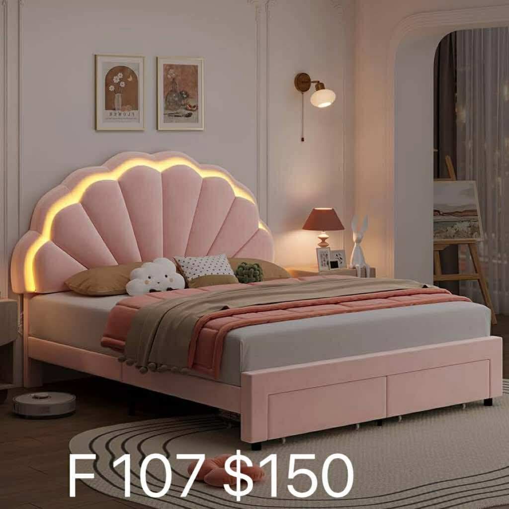 Full Size Upholstered Smart LED Bed Frame with 2 Storage Drawers and Adjustable Chic Double Petal Headboard, (107)