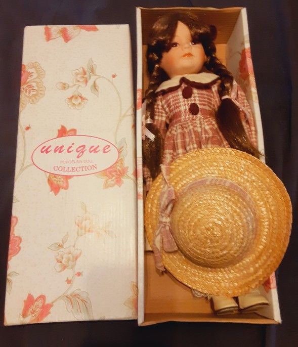 Unique Porcelain Doll Collection, Brunette Haired, Burgundy and White Plaid Dress w/ Buttons and White Lace Trim, 17in Tall.
