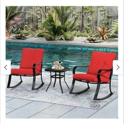 3-Piece Outdoor Rocking Chairs Bistro Sets Patio Furniture Set with Red Thick Cushions