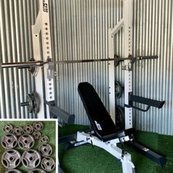 Complete Home Gym Squat Rack + 300 Lbs Olympic Weight Set + FID Bench + Foam Flooring  