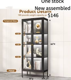 😀 66" Black Glass Display Cabinet with 8-Color LED for Collectibles Metal Frame & Tempered Glass Doors, 3 Adjustable Shelves, Motion Sensor LED, 4-Ti