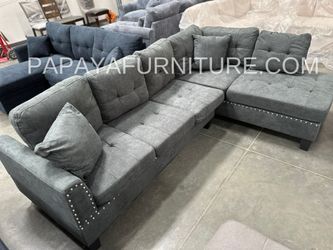 Grey Sectional Sofa With Tufted Buttons, Sofa, Sectional, Ash Grey Sectional, Small Living Room Sectional, Apartment, Small Space Sofa, nail trim desi