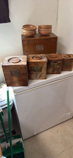 Vtg Wooden Kitchen Canisters (4) plus Wooden Bread Box with Drop Down Cutting Board Brass Eagle Emblem & 6 Wooden Bowls