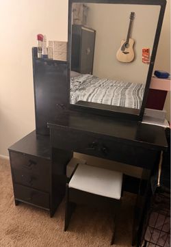 Black Vanity Desk with Mirror and Stool