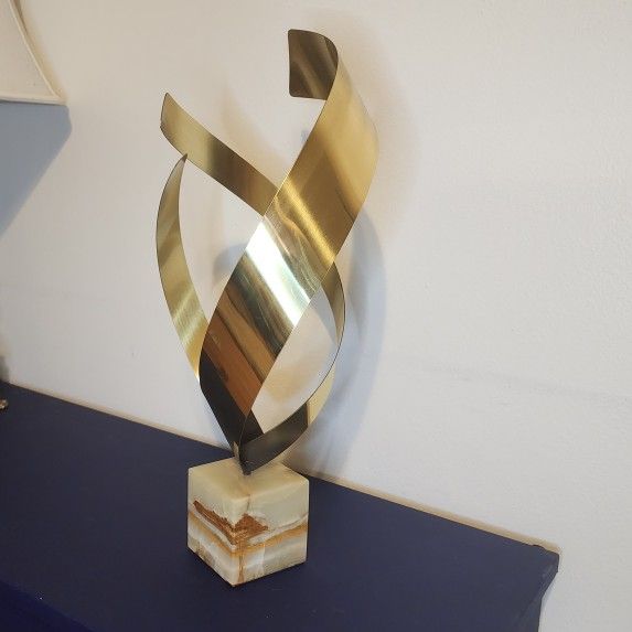 Mid-Century Curtis Jere Brass Flame Sculpture on a Marble Base