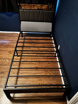 Twin Platform Metal Bed Frame w/ Headboard Cushion, Shelf & Built-In USB/Outlets