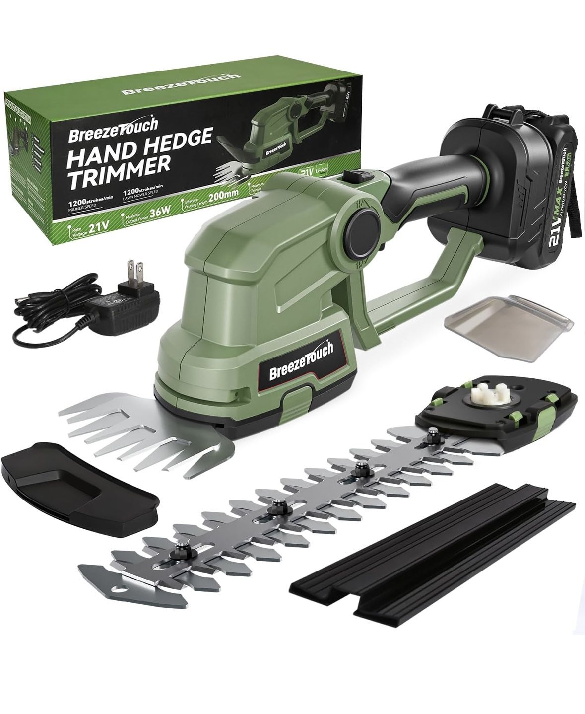 Breeze Touch 21v Cordless Hedge Trimmer, Electric Bush Shear & 2 Blades Grass Tool with 1.5ah Battery and Fast Charger, Light Weight Handheld Solution