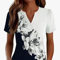 LOMON Womens Tops Dressy Casual V Neck Short Sleeve Shirts Summer Pleated Blouses Button Down Tunic Loose Fit