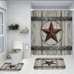 4pcs Star Printed Shower Curtain Set, Vintage Wooden Door Bathroom Sets With Shower Curtain 
