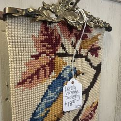 Lovely Long Vintage Bird Tapestry with Brass Ends 