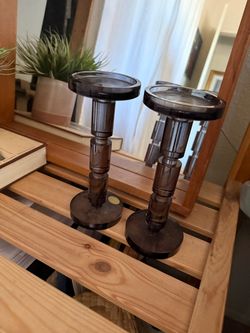 New French art deco Smoked Glass Pillar Candle Holders Set of 2