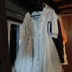 Blue Ball Gown Floor Length Dress With Flowers