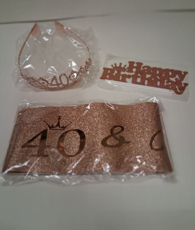 NEW "40 and Fabulous" 40th birthday rose gold tiara, sash and cake topper $5 FIRM