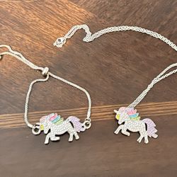 Little Girls, Matching Unicorn Necklace And Bracelet