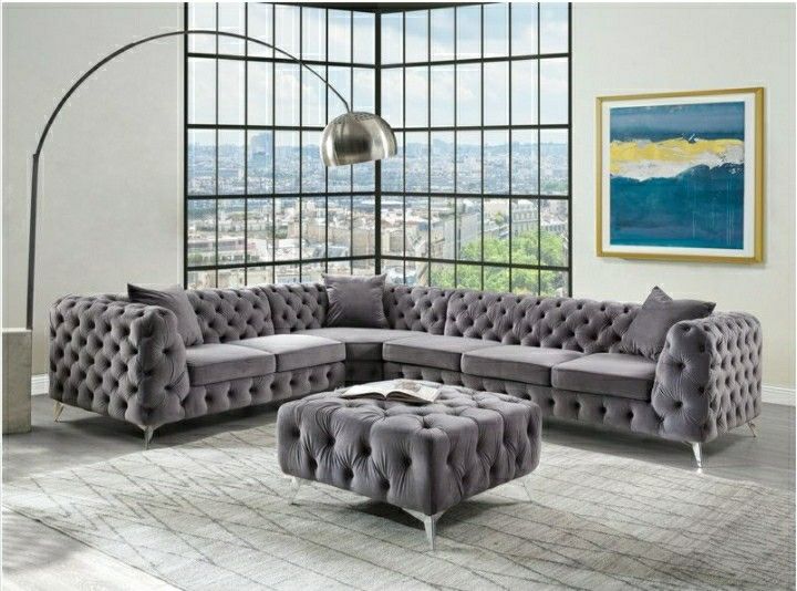 Grey Velvet Sectional With Ottoman All Around Tufting Firm Price $2,800 Financing Available