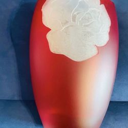Mikasa, 12" Ellipse Vase. with Love. QP 216 630. Red with an etched white flower