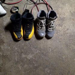 Jordans 12s Black And Yellow And Cool Gray 13s 