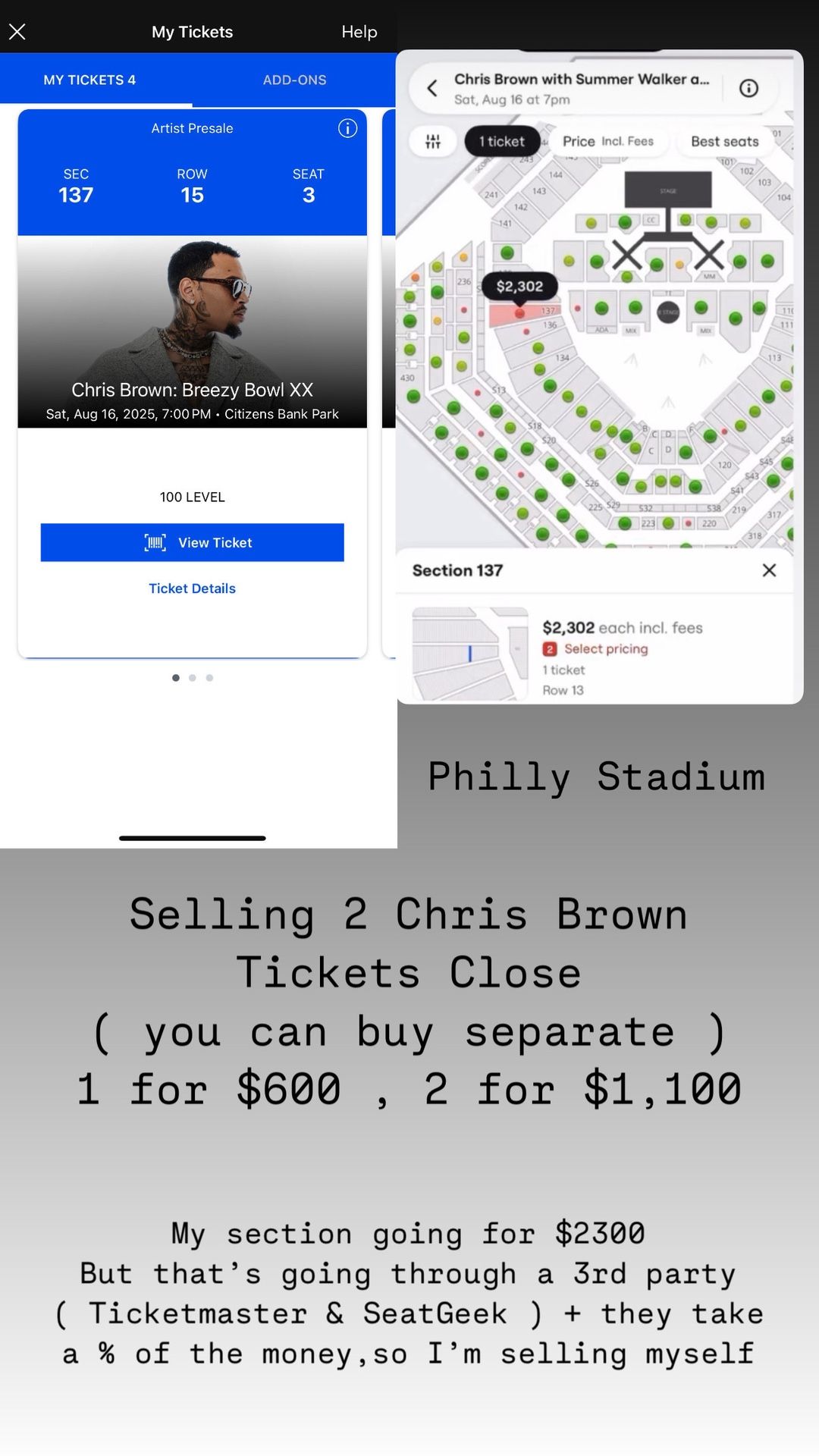 Selling 2 Chris Brown Tickets For Philly Date
