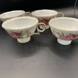 VTG Set of 4 Pink Rose Porcelain Teacups Gold Gilt Handle Pattern 6986 Floral