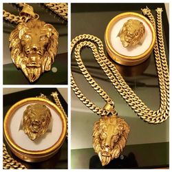 14K Gold Plated Miami Cuban Chain With Lion Pendant & Lion Ring