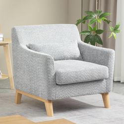  Accent Chair Modern Single Sofa Fabric Upholstered Comfy Armchairs with Thicker Seat Cushion, Back Pillow and Wooden Legs for Office Bedroom Living R