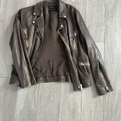 ALLSAINTS Brown Leather Biker Jacket Size M Excellent Condition