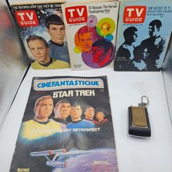 3 STAR TREK TV GUIDE COVERS- CINEFANATIQUE & STAR TREK COMMUNICATOR KEYCHAIN