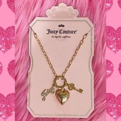 New Juicy Couture Silver Rhinestones Puffy Gold Heart with Charms Chain Necklace 👑 