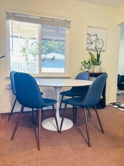 Set of 4 Mid-Century Modern Blue Fabric Dining