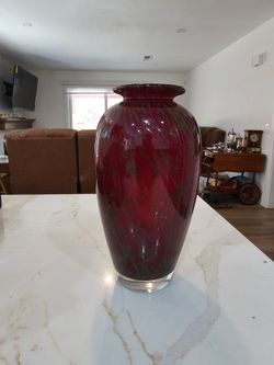 Hand Blown Murano Style Art Glass Vase, Burgundy Oxblood Gold Aventurine, White Cased Glass, 10" Decorative Home Decor
