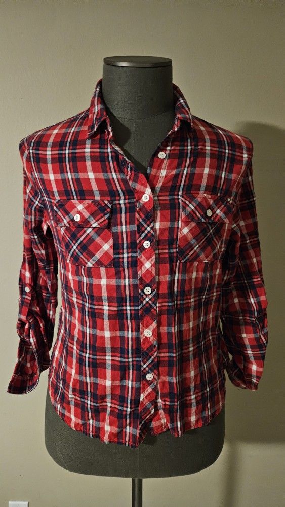 Womens Red And Navy Plaid Button-up Shirt