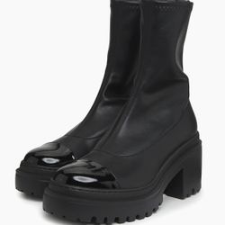 EUC $900 Giuseppe Zanotti Vicentha 70 Black Leather Patent Cap-Toe Platform Ankle Boots 39.5