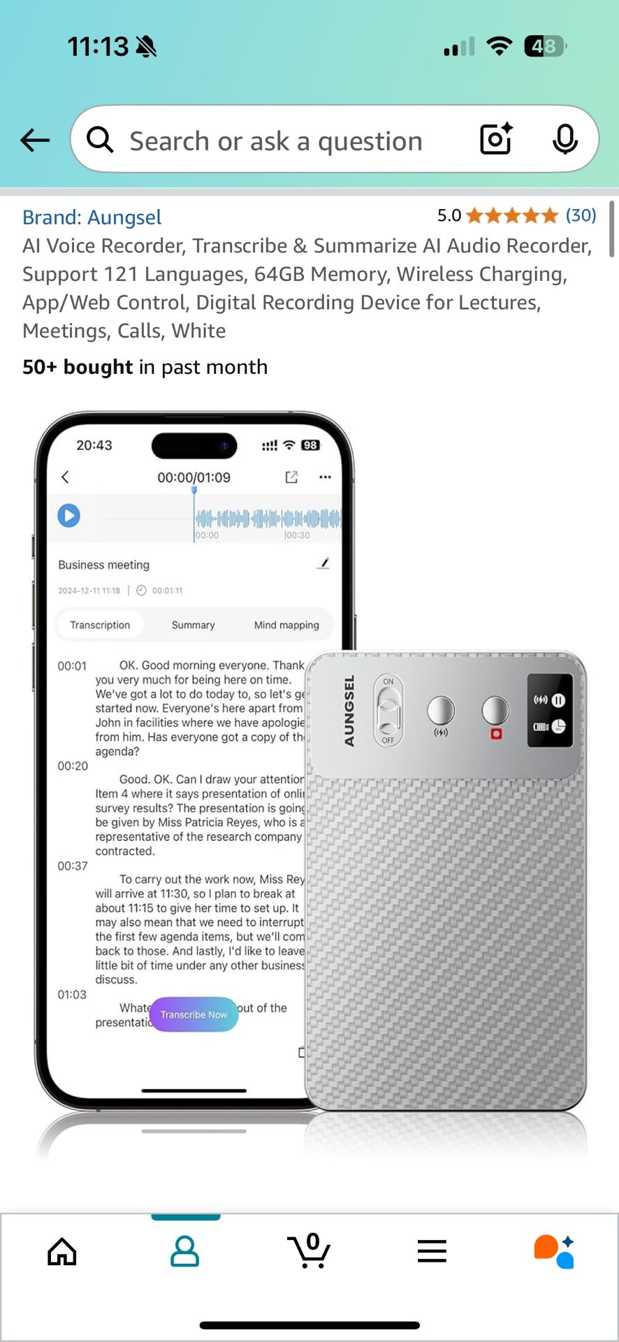AI Voice Recorder, Transcription Device