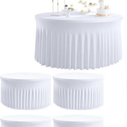 5 Pack White Round Spandex Tablecloths For 60in Tables, 120Inch Stretchy Fitted 5FT Round Table Clothes,Wrinkle Free Table Cover With Skirt For Weddin