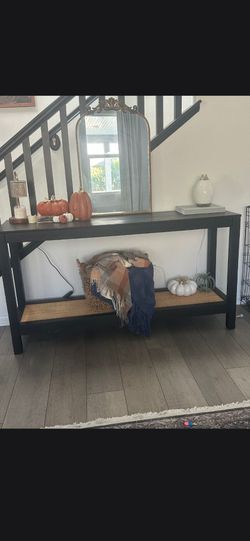 ​Studio McGee Target Console Table with Woven Rattan Shelf & Vintage Gold Arch Mirror