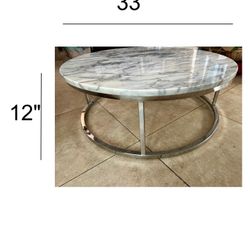 33” Round Marble Coffee Table With Metal Base